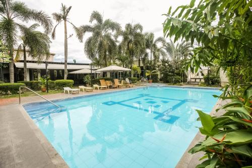 安吉利斯Hotel Euroasia By BLUEBOOKERS的一个种有棕榈树的大型蓝色游泳池