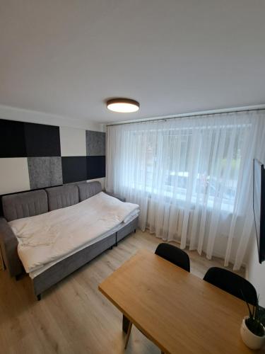 克莱佩达New cosy Karklu Apartment in Klaipeda的一间卧室配有一张床和一张桌子及椅子