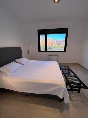 普尔马马尔卡Casita de Purmamarca的卧室设有一张白色大床和一扇窗户。