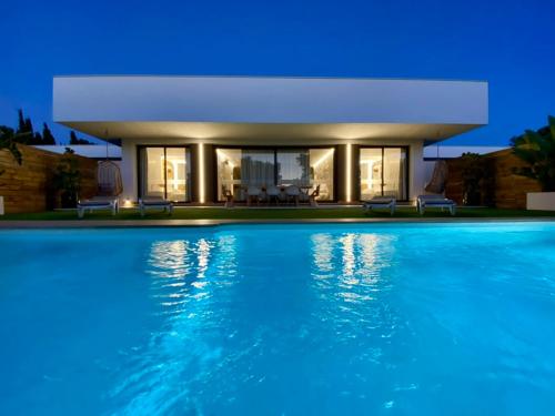 奇克拉纳－德拉弗龙特拉VISTA LAGO VILLE的夜间带游泳池的别墅
