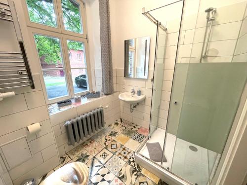 施特拉尔松德Gästehaus Sternschanze - App1 Admiral的带淋浴、盥洗盆和镜子的浴室