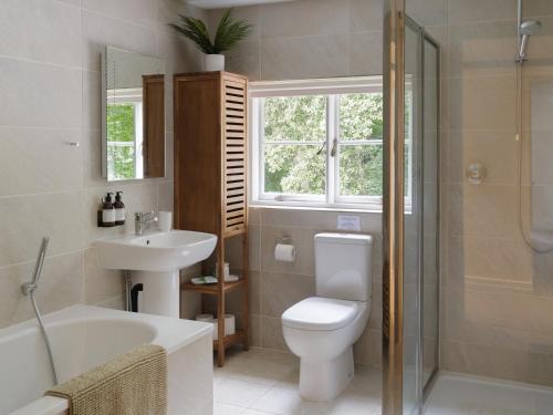 赫特福德Garden House at Woodhall Estate的浴室配有卫生间、盥洗盆和淋浴。