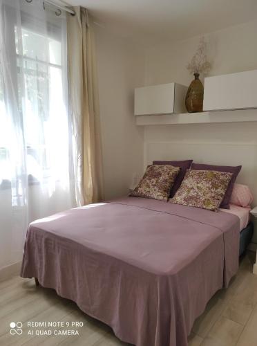 佩皮尼昂Chambre accueillante à 2 mn du centre ville的一间卧室配有一张带紫色床单的床和窗户。