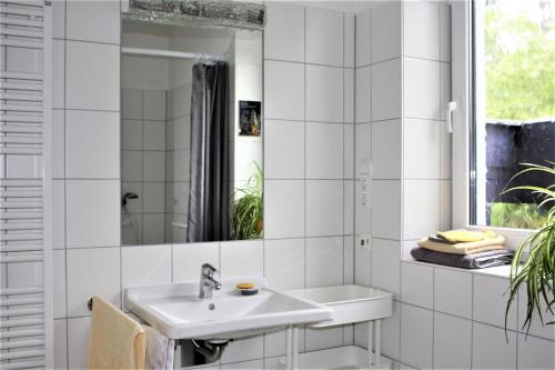 卡塞尔Das Blaue Haus - Ferienwohnung Schönherr的白色的浴室设有水槽和镜子