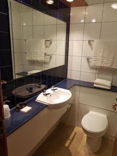 曼彻斯特V Lodge Manchester的一间带水槽、卫生间和镜子的浴室