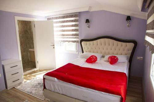 里泽Kartal Gözü Konaklama tesisi的一间卧室配有一张带红色枕头的大床
