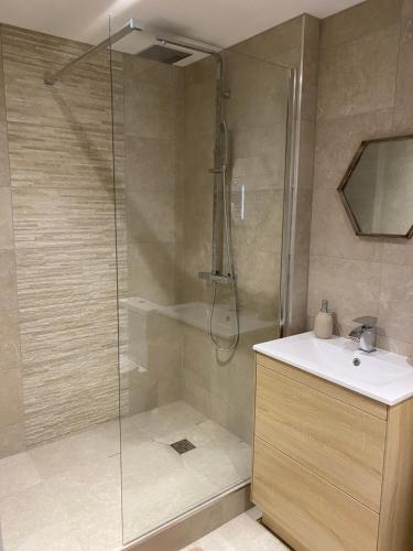 High HeatonNewly Refurbished Entire Apartment - South Gosforth, Newcastle的带淋浴和盥洗盆的浴室