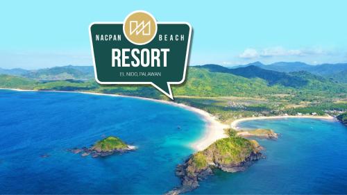 爱妮岛Nacpan Beach Resort的海洋中的岛屿,上面有读度假村的标志