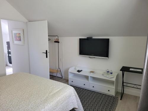 圣提里耶拉佩尔什La maison d'Hera的卧室配有一张床和壁挂式平面电视。