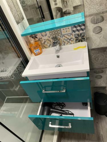 勒蒙多尔Le Martin pêcheur, Appartement proche hyper centre的浴室设有白色水槽和蓝色橱柜。