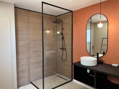 佩里尼Appartement Les Camélias proche La Rochelle的带淋浴、水槽和镜子的浴室