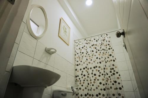 帕拉卡斯Hospedaje El Velero的浴室配有淋浴帘和盥洗盆。