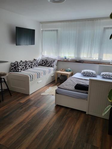 库蒂纳Studio apartman Tamai的铺有木地板的客房内的两张床