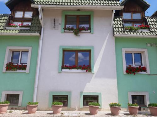 赫拉布斯Villa Vraji的前面有花斑的白色建筑