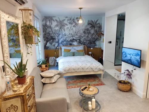 里昂Superbe appartement avec jacuzzi avec jardin privé的客厅配有床和沙发