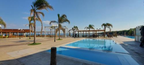 Al MinyahAquarius Touristic Resort的一座棕榈树游泳池和一座建筑