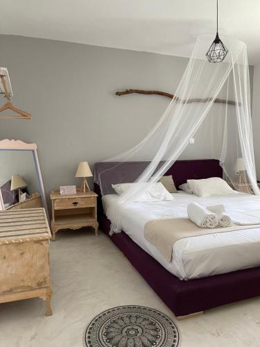 根纳迪Eco Beach And Magic Garden Hotel的一间卧室配有一张带蚊帐的床