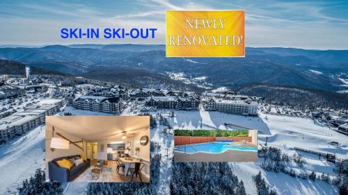 斯诺肖Snowshoe Ski-in & Ski-out at Silvercreek Resort - Family friendly, jacuzzi, hot tub, mountain views的雪地滑雪胜地照片的拼合