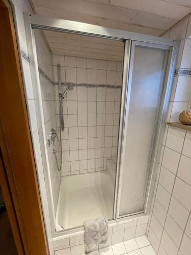 蒂宾根2-Zimmer-Nichtraucher-Ferienwohnung Strobel的设有带白色浴缸的淋浴的浴室