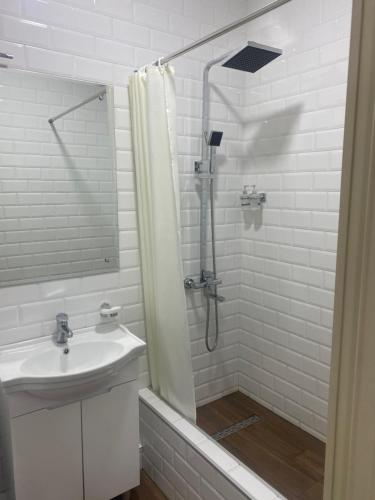 库塔伊西Hotel 1887的带淋浴和盥洗盆的白色浴室