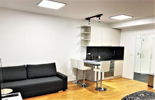 马拉科夫Studio de standing的一间带黑色沙发的客厅和一间厨房