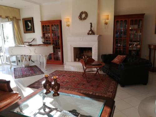塞萨洛尼基Πολυτελής κατοικία με θέα τον Θερμαϊκό的客厅配有钢琴和壁炉