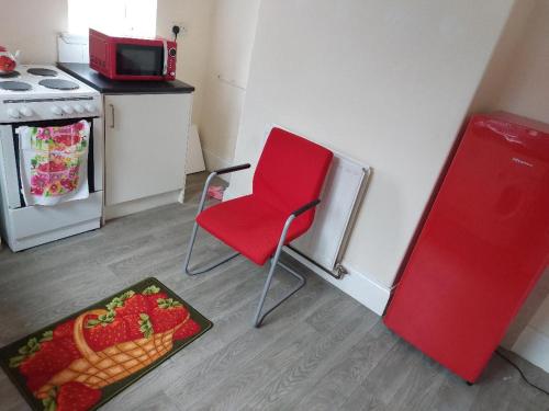 Hebburn-on-TyneThe Cosy 2 bedroom flat, sleeps 6的草莓厨房里的红色椅子