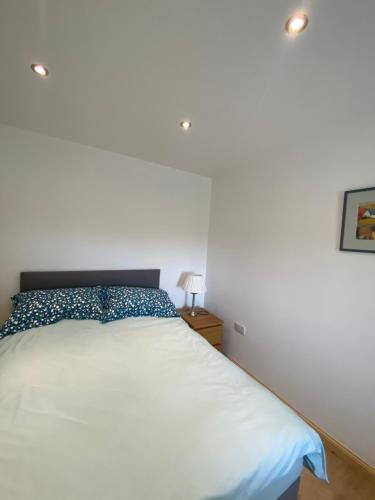 CreagorryAn Taigh Dubh- One bedroomed cottage的卧室配有白色床和蓝色枕头