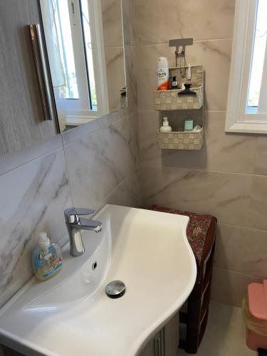 MikrospiliáVilla Lochia - Mikrospilia House的浴室设有白色水槽和镜子