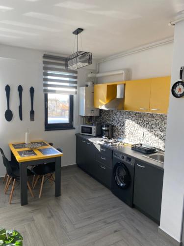 北马马亚-讷沃达里Apartament Stefan Mamaia Nord的厨房配有桌子、水槽和洗衣机。