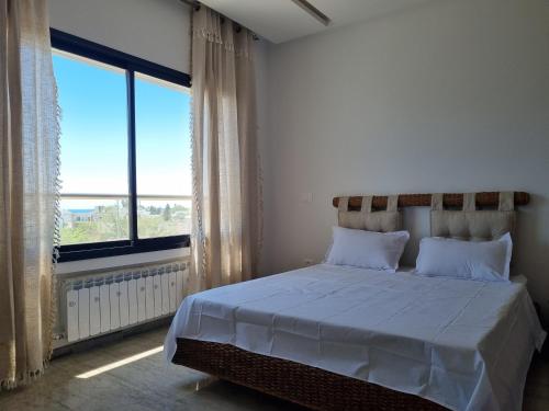 哈马马特Hammamet vue mer的一间卧室设有一张床和一个大窗户