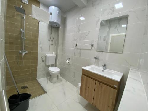 乌尔齐尼Apartments Vila Sara M的一间带水槽、淋浴和卫生间的浴室