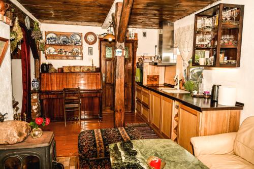 阿格洛纳Idilliska Latgaliešu lauku māja ar melno pirti的客厅设有厨房和台面