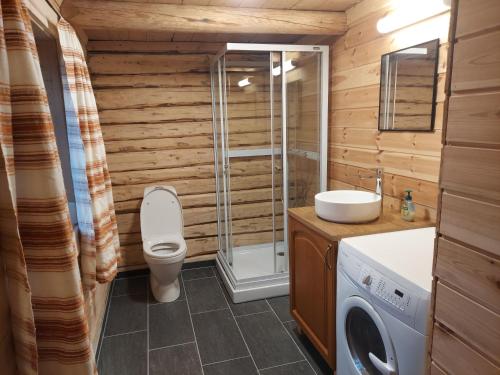 HattfjelldalVillmarksgård camping的浴室配有卫生间、盥洗盆和洗衣机。