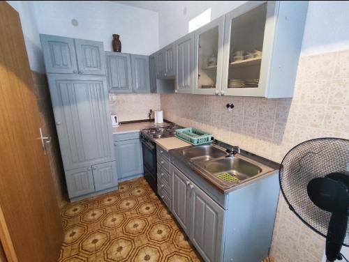 普契什查Ratac的厨房配有蓝色橱柜、水槽和桌子