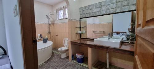 米里Kenyalang Lutong Homestay的一间带水槽、卫生间和镜子的浴室
