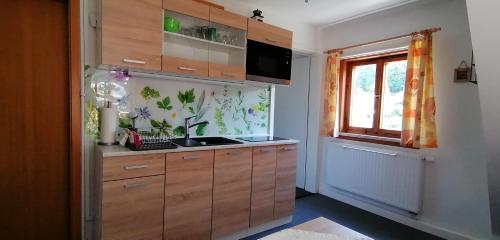 施泰纳赫Ferienwohnung Müller的厨房配有木制橱柜和窗户。