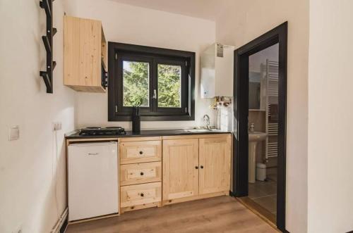 BorzontBirtok Houses - twin no. 2 for 2 people的厨房设有水槽和窗户。