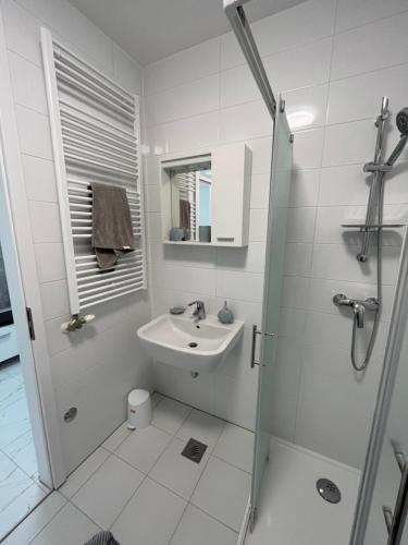 萨格勒布Apartman Anton的白色的浴室设有水槽和淋浴。