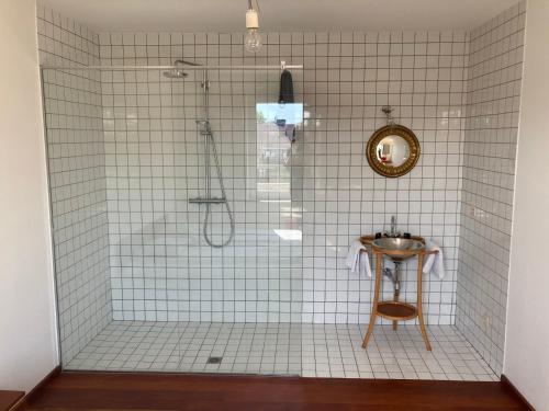 布鲁塞尔Jolie studio avec vue sur l'Atomium的带淋浴和盥洗盆的浴室