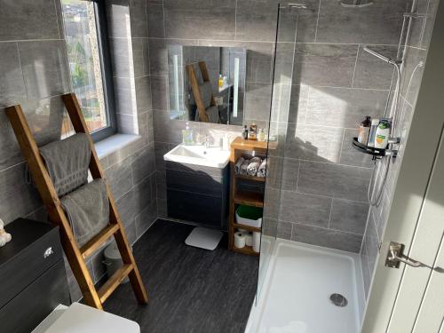 加拉希尔斯Renovated apartment, Galashiels A7的带淋浴和盥洗盆的小浴室