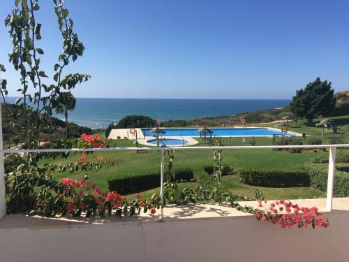 科尼尔-德拉弗龙特拉Villa Mar Fuente del Sol的享有带游泳池和大海的花园美景。