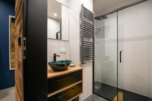 卡托维兹The Pop Art Apartment的一间带水槽和玻璃淋浴的浴室