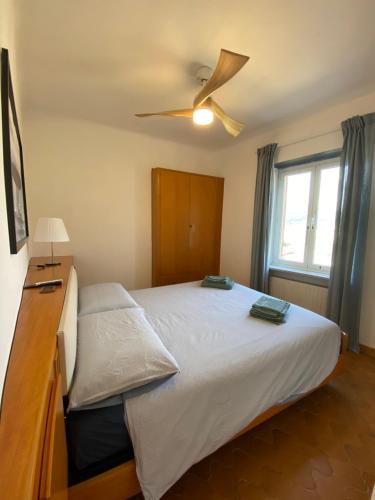 卡莫利Appartamento Victoria的一间卧室配有一张大床和吊扇