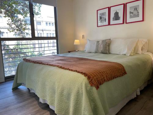 圣地亚哥Barrio Lastarria, Excelentes Apartamentos - Sofia Camilla Propiedades的一间卧室设有一张大床和大窗户