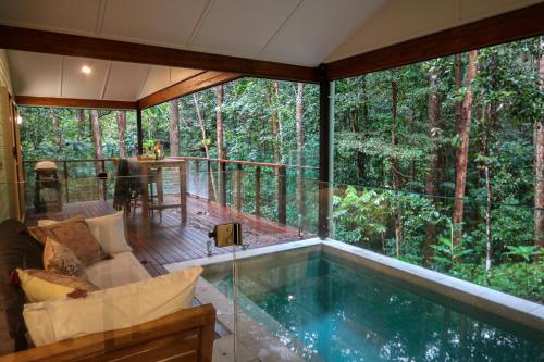 蒙特维尔 纳罗斯热带雨林消遣度假酒店的森林中带小型玻璃游泳池的房子