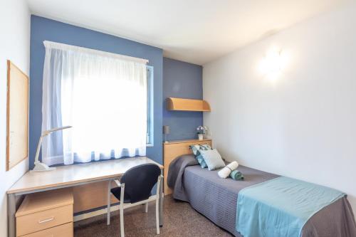 巴塞罗那城堡莱森登西亚大学旅舍的一间卧室配有一张床、一张书桌和一个窗户。