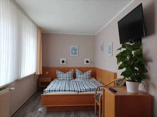 AltenhofPension Landgasthof Darzer Eck的卧室配有一张床铺,墙上配有电视