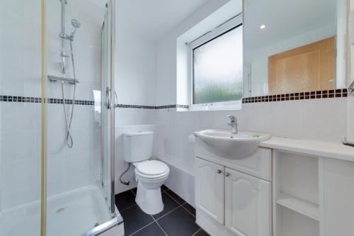 伦敦Flourish Apartment - Constant Court - Canary Wharf的浴室配有卫生间、盥洗盆和淋浴。