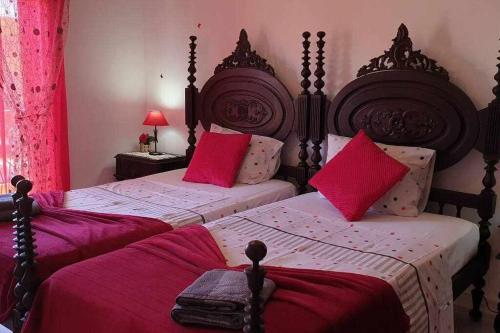 法鲁Ria Formosa Pineview的一间卧室配有两张带红色枕头的床